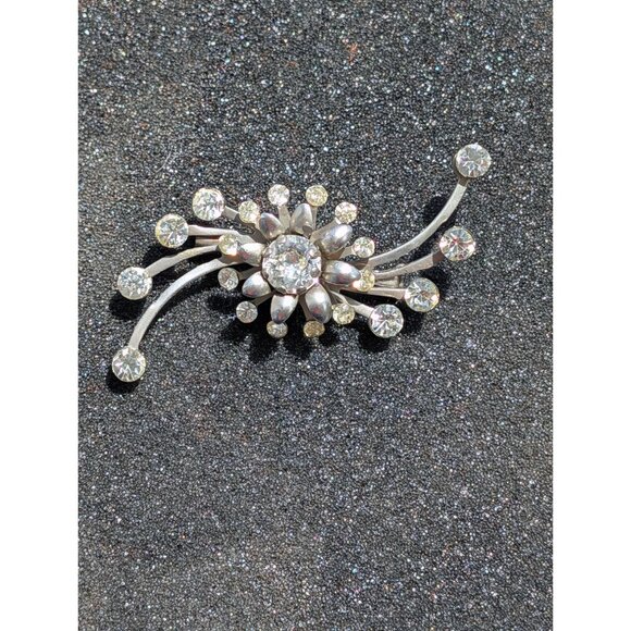 Vintage Silver Rhinestone Starburst Brooch Pin - Picture 1 of 4